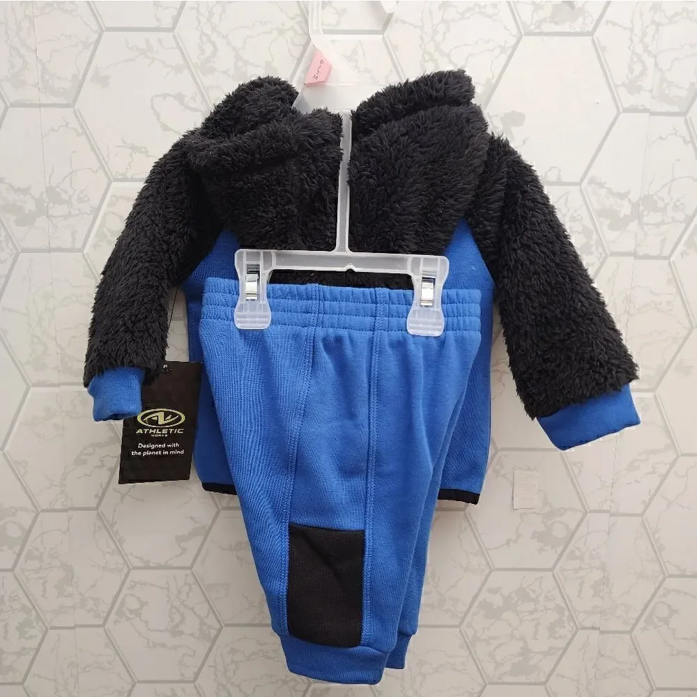 Nwt Athletic Works Baby Boys' Faux Sherpa Hoodie andPants Set, Size 0-3 m